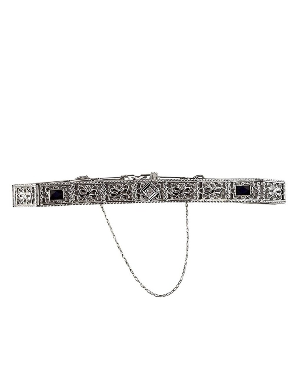 14K White Gold Filigree Diamond Blue Gemstone Bracelet #25341